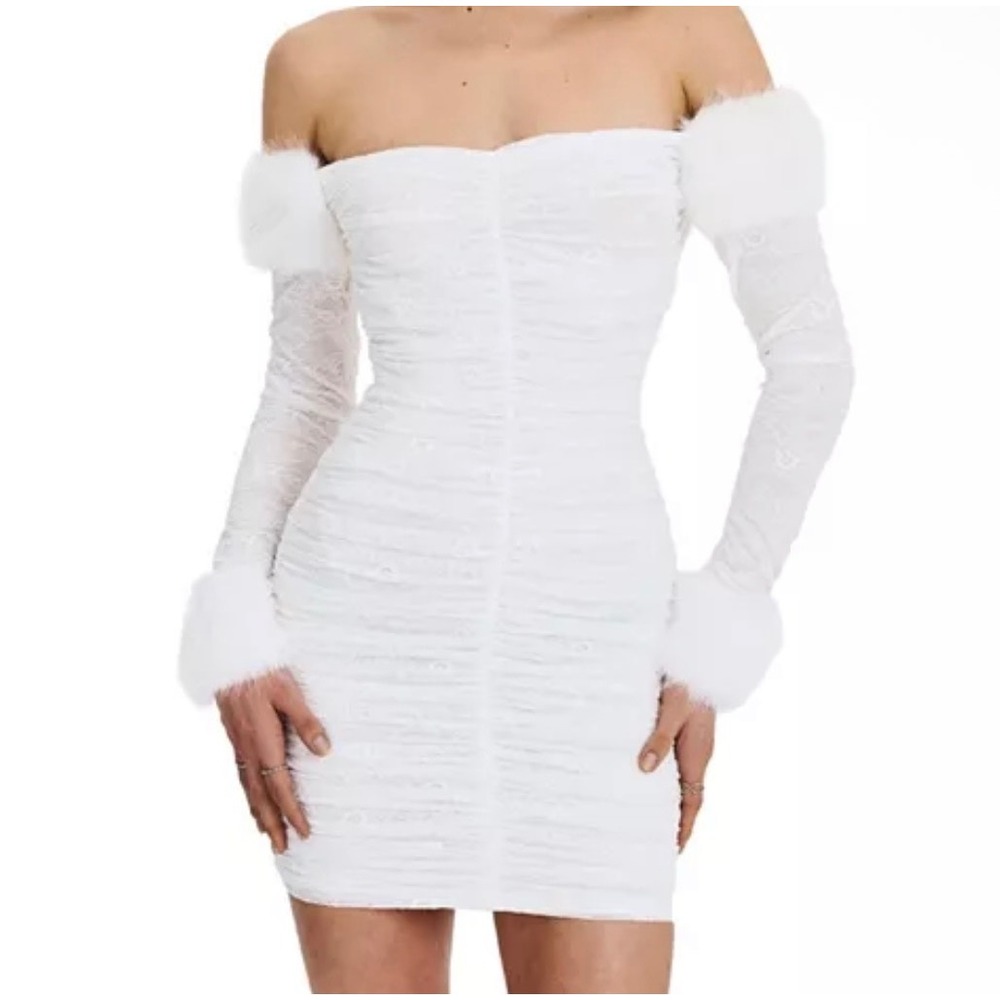 Miss Circle Lace Mini Dress XS White Fur Trim Ruched Bridal Party Cocktail